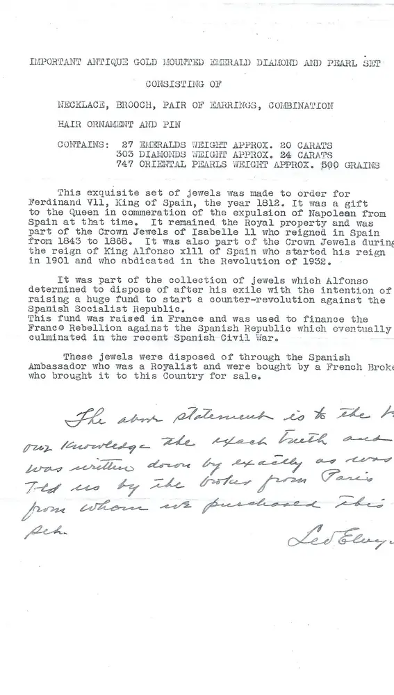 Carta de 1940 en la que Leo Elvyn confirma la procedencia de las joyas