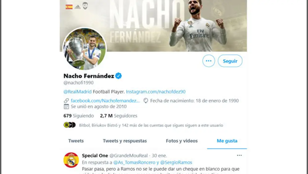 El 'me gusta' de Nacho Fernández al tuit sobre la renovación de Sergio Ramos.