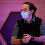 El secretario general de Podemos y vicepresidente segundo del Gobierno, Pablo Iglesias, durante el acto central de campaña de En Comú Podem para las elecciones catalanas