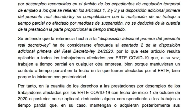 Documento aclaratorio compatibilidad del ERTE con el trabajo a tiempo parcial. Fuente: SEPE