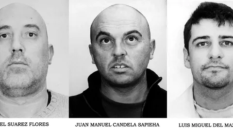MD 27 Madrid 24/06/2002.- Fotografías distribuídas por la Policía de Angel Suárez Flores (i), Juan Manuel Candela Sapieha (c), y del ex-vigilante jurado Luis Miguel del Mazo López (d), detenidos los tres como sospechosos del robo de 19 valiosos cuadros perpetrado el pasado 8 de agosto en el domicilio madrileño de la empresaria Esther Koplowitz. EFE/Chema Moya