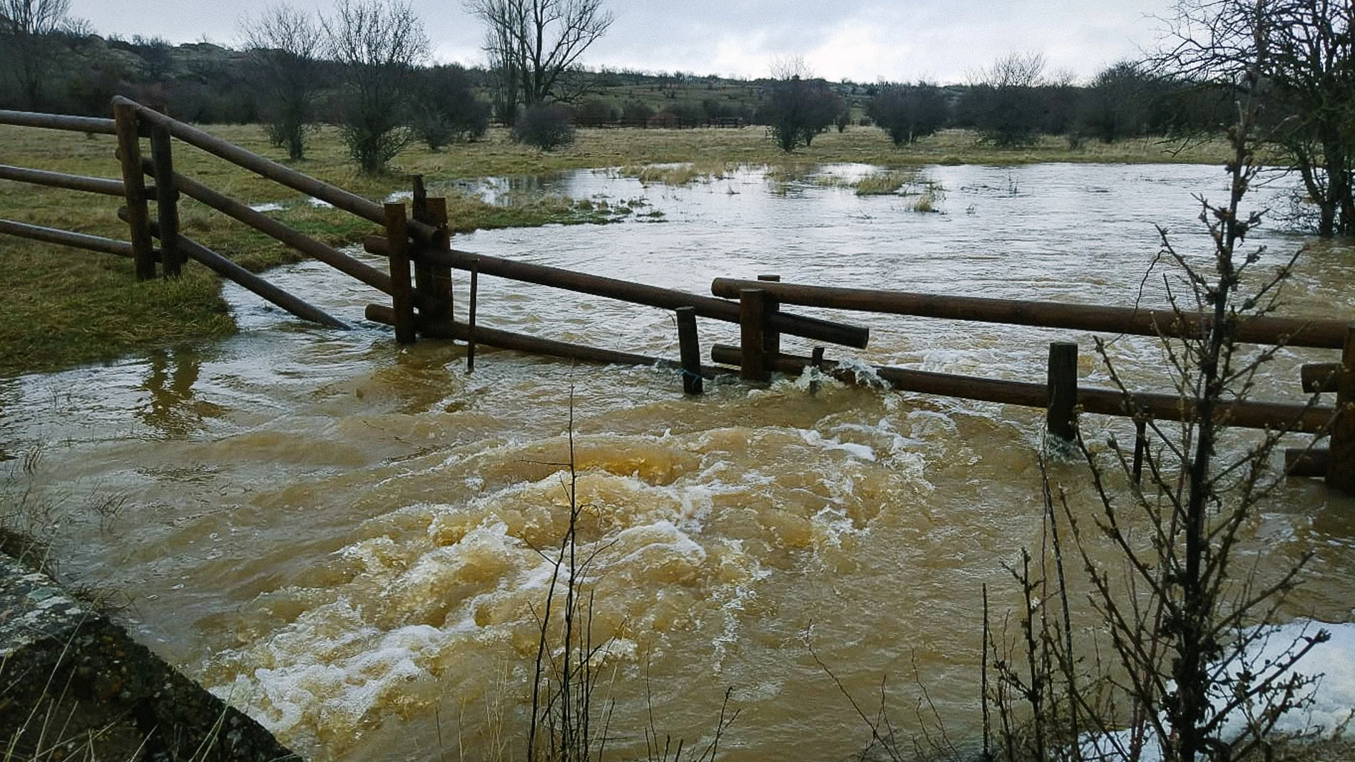 El río Pedrajas desbordado a su paso por Valonsadero (Soria)