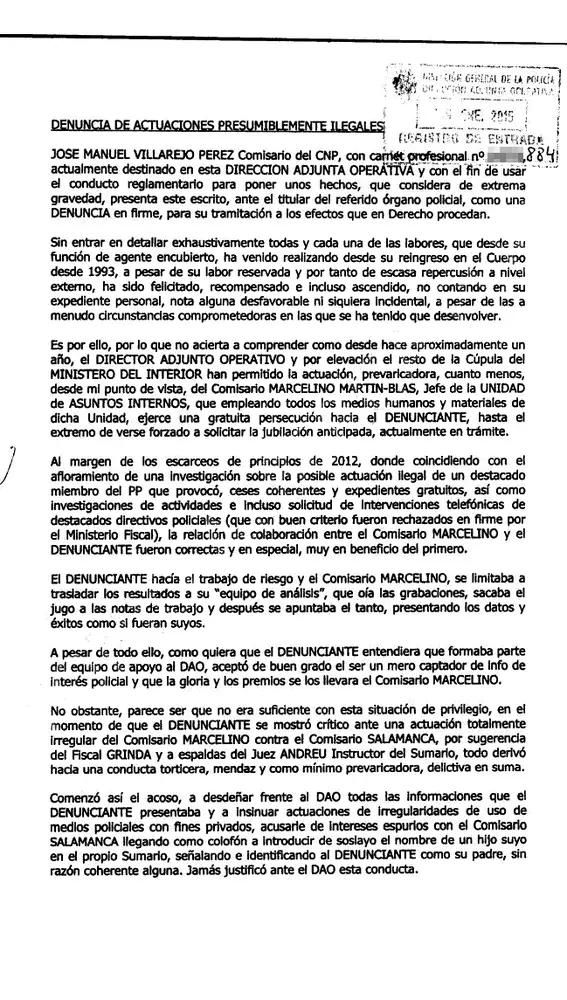Denuncia de Villarejo en enero de 2015 contra Marcelino Martín-Blas