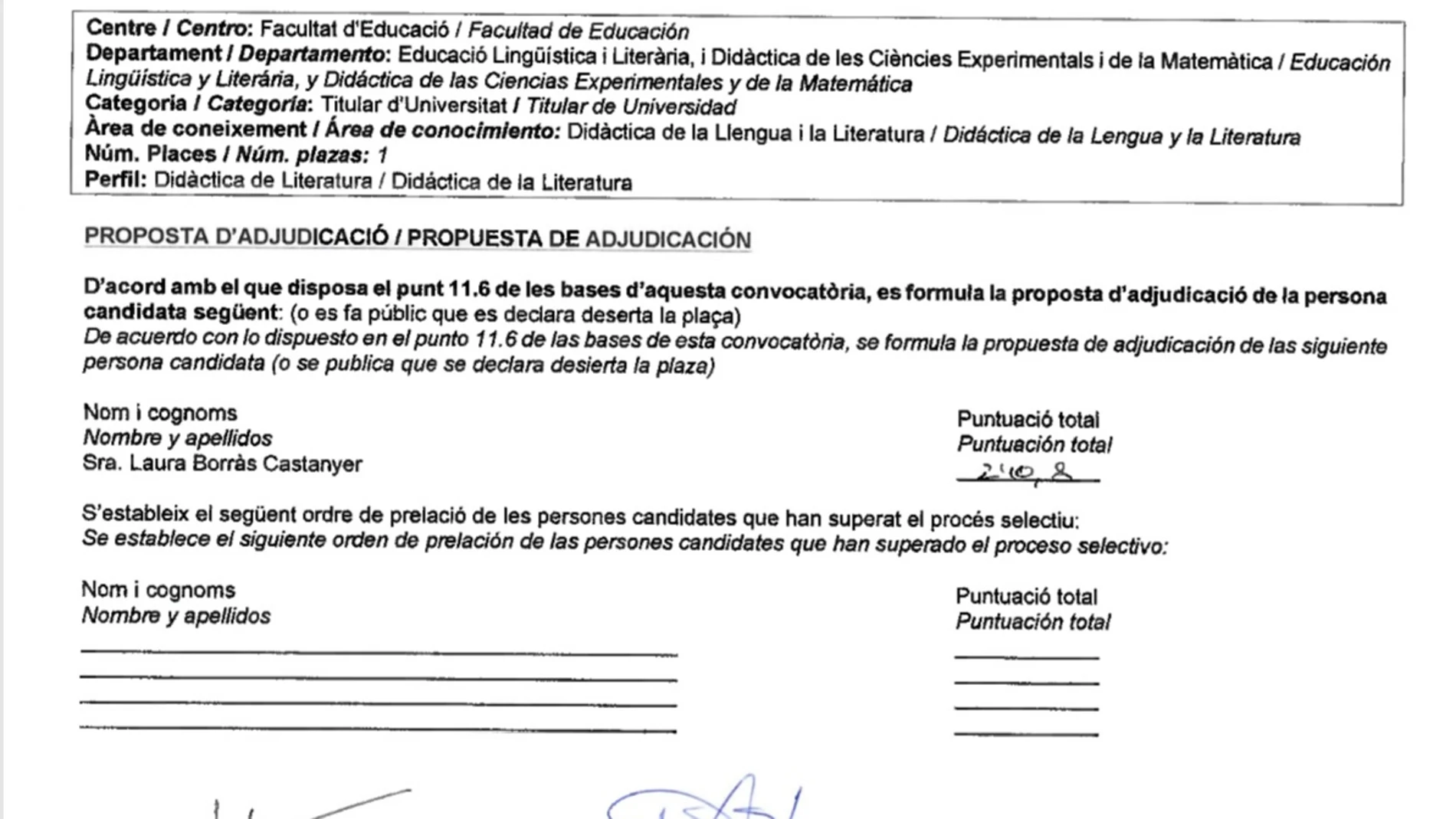 El documento que acredita que Laura Borràs ganó el concurso para ser profesora titular