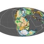 Una reconstrucción del supercontinente Pangea, con el aspecto que debía tener a finales del periodo Triásico, hace 200 millones de años. Los continentes actuales están sobreimpuestos en color, para que podamos identificar los muchos cambios que han tenido lugar desde entonces.