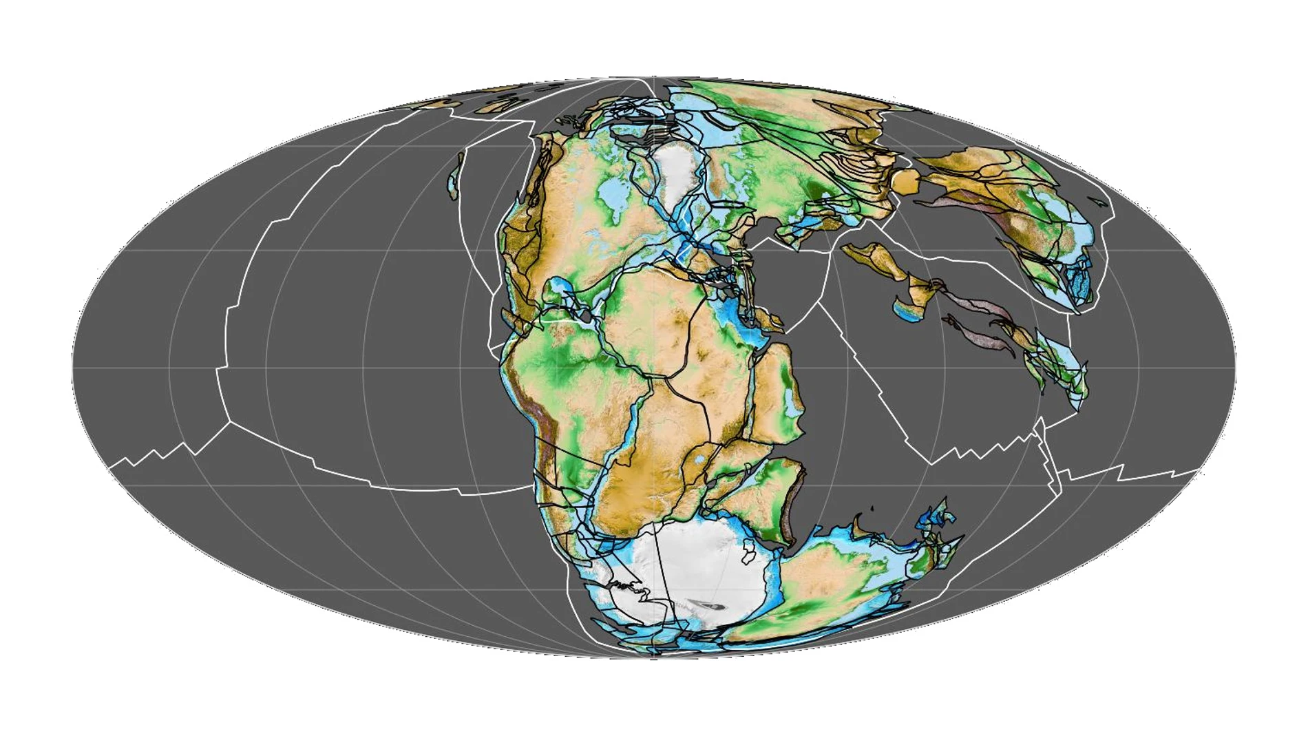 Una reconstrucción del supercontinente Pangea, con el aspecto que debía tener a finales del periodo Triásico, hace 200 millones de años. Los continentes actuales están sobreimpuestos en color, para que podamos identificar los muchos cambios que han tenido lugar desde entonces.