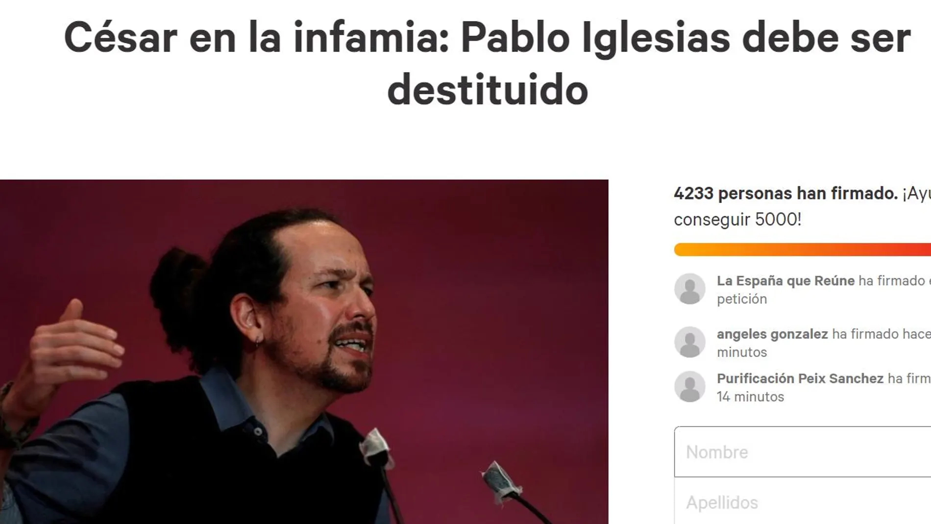 Más de 4.000 ciudadanos piden el cese del vicepresidente segundo del Gobierno, Pablo Iglesias