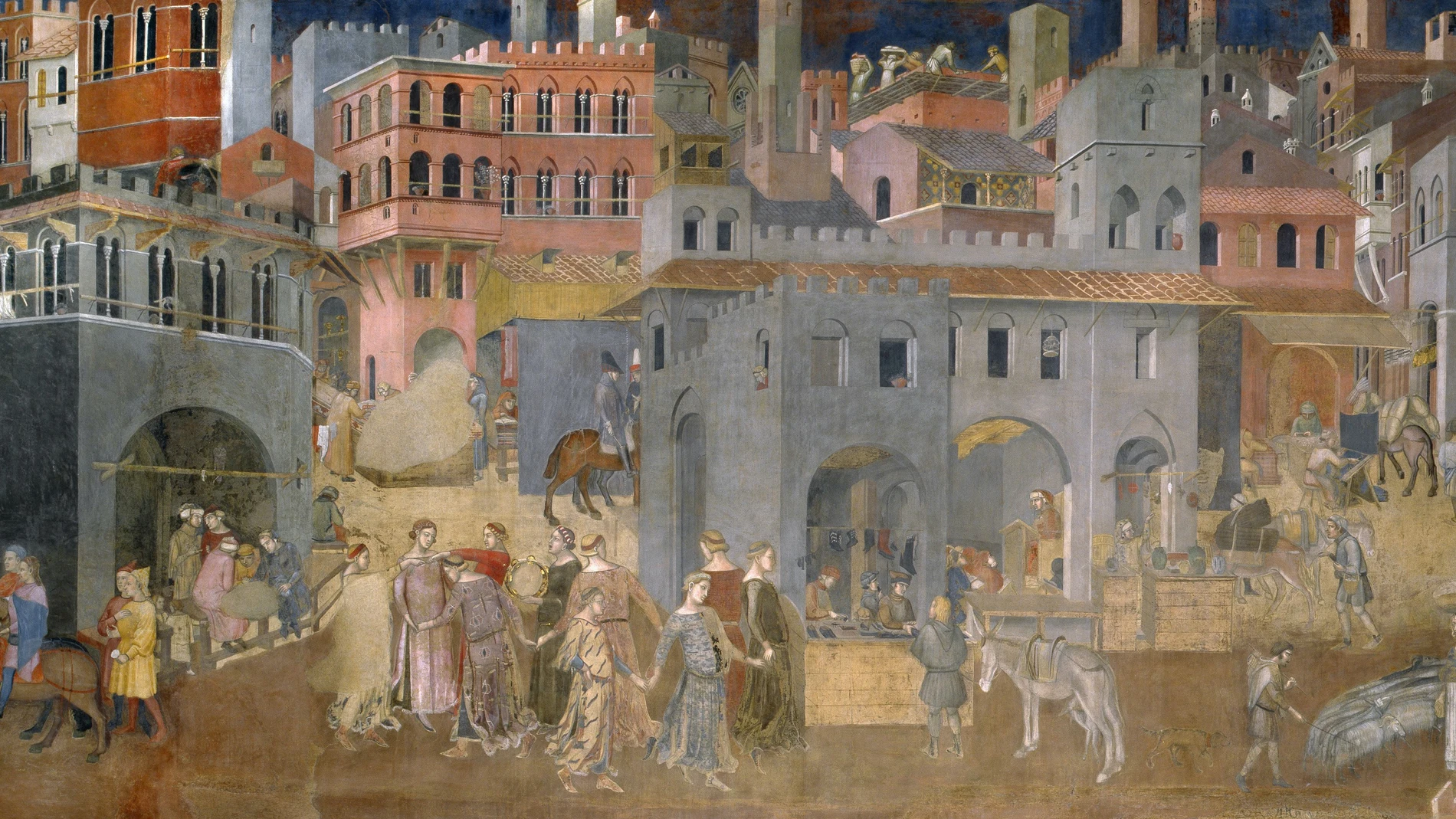 "Los efectos del buen gobierno en la ciudad", fresco de Ambrogio Lorenzetti. El Consejo de los Nueve, que gobernaba Sienna, estaba dominado por los gremios de comerciantes y artesanos.