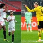 El defensa del Sevilla Jules Koundé y el delantero del Borussia Dortmund Erling Haaland.