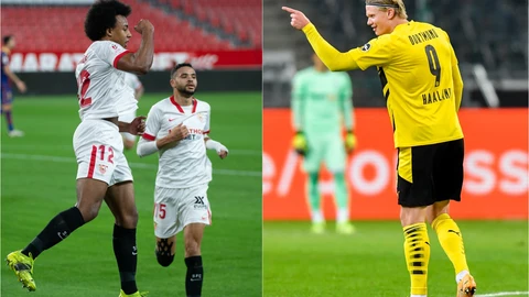 El defensa del Sevilla Jules Koundé y el delantero del Borussia Dortmund Erling Haaland.