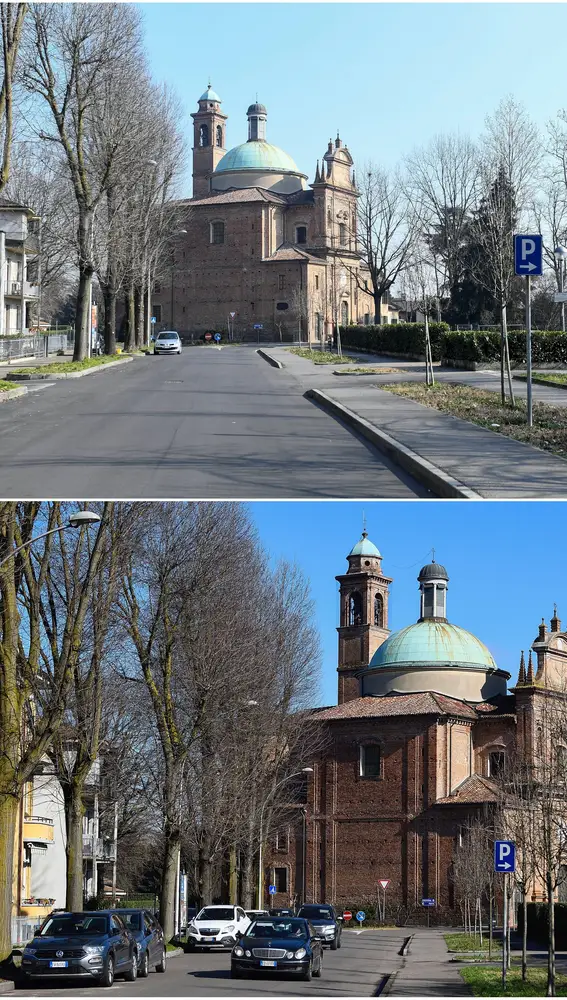 Una calle vacía después del brote de coronavirus el 22 de febrero de 2020 (arriba) y automóviles en la misma calle en Codogno, Italia, el 11 de febrero de 2021