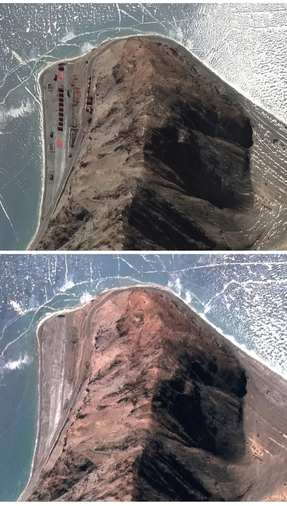Una foto combinada muestra un primer plano de cómo estaba la zona conocida como Finger 5, en Pangong Tso, el 30 de enero y el mismo lugar a fecha 16 de febrero de 2021