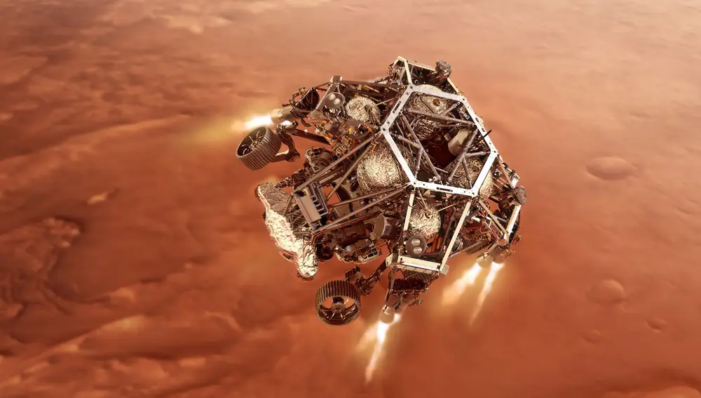 El Perseverance en una recreación de su aterrizaje en Marte