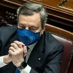 El primer ministro italiano, Mario Draghi, tras recibir esta noche la confianza de la Cámara de Diputados