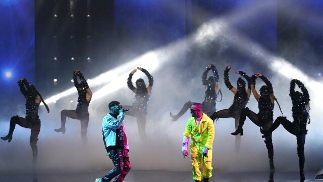 Anuel AA, left, and Ozuna perform at Premio Lo Nuestro at American Airlines Arena, Tuesday, Feb. 16, 2021, in Miami. The award show airs on Feb. 18 with both live and prerecorded segments. (AP Photo/Lynne Sladky)