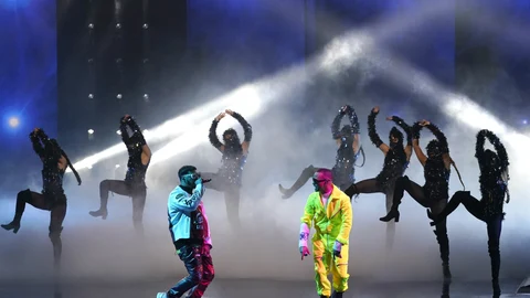 Anuel AA, left, and Ozuna perform at Premio Lo Nuestro at American Airlines Arena, Tuesday, Feb. 16, 2021, in Miami. The award show airs on Feb. 18 with both live and prerecorded segments. (AP Photo/Lynne Sladky)