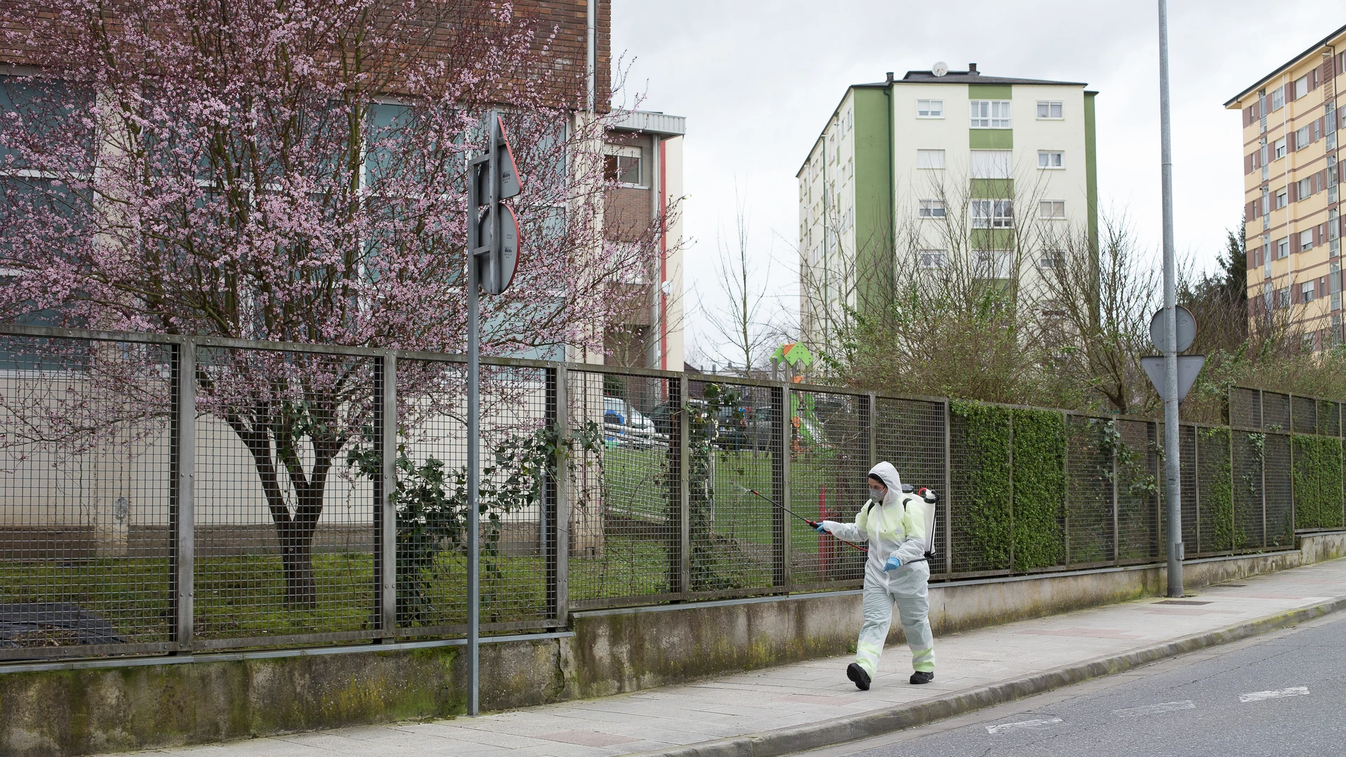 Una persona desinfecta el perímetro que rodea el colegio público CEIP Paradai, en Lugo, Galicia (España)