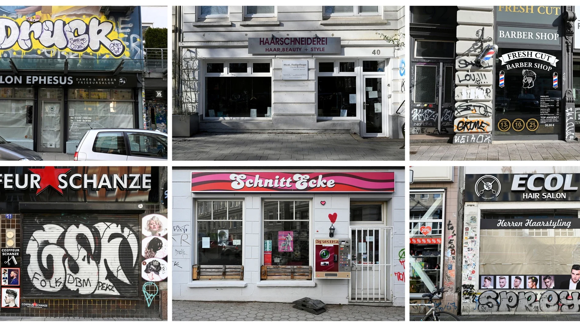 Imágenes de las fachadas de varias peluquerías en Berlín cerradas desde noviembre por la pandemia