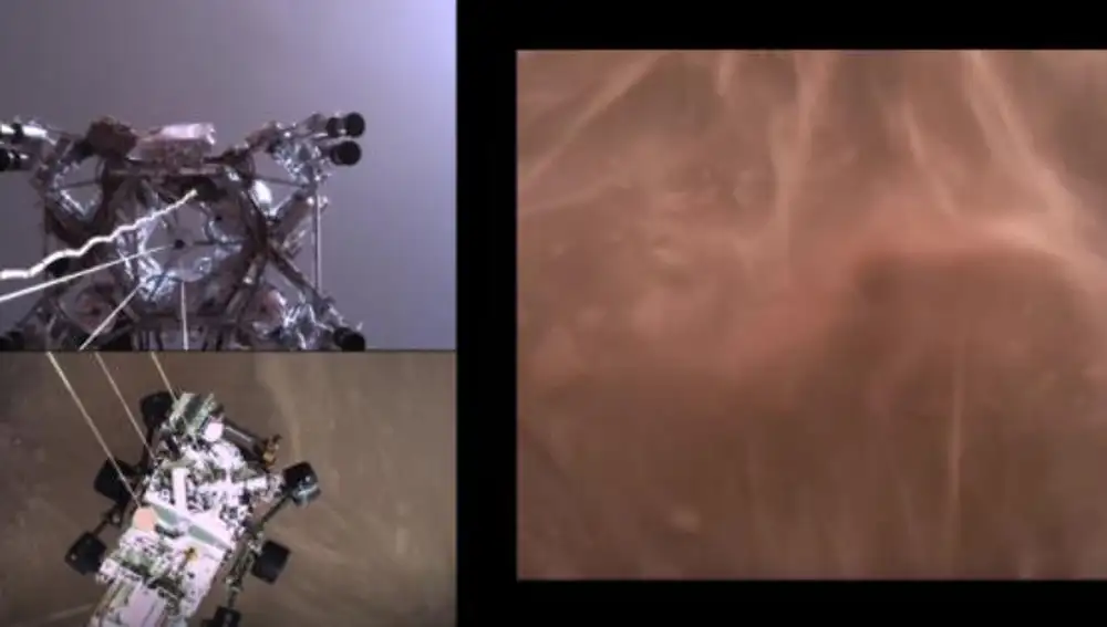 Descenso del Rover visto desde (1) la cámara superior del Rover, (2) la cámara inferior del Rover, (3) la cámara inferior de la grúa (NASA).