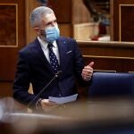 El ministro del Interior, Fernando Grande-Marlaska, interviene durante la sesión de control al Gobierno en el Congreso. EFE/ Mariscal