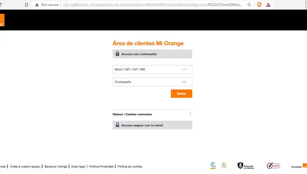 Esta es la web de Orange que el navegador detecta como no segura