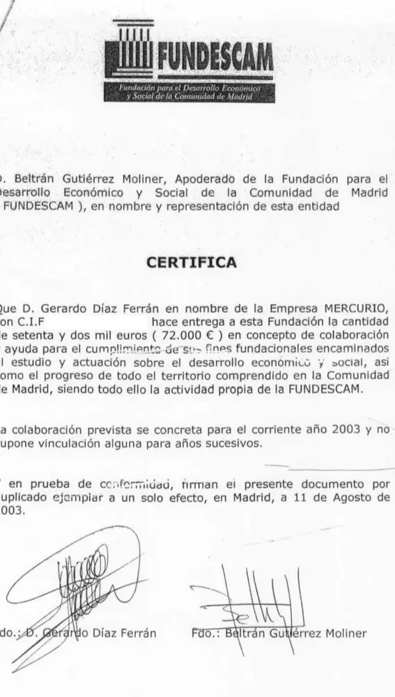 Donación de una empresa de Gerardo Díaz Ferrán a Fundescam