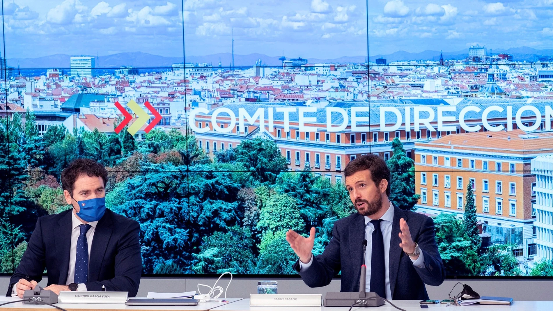 El presidente del PP, Pablo Casado y el secretario general, Teodoro García Egea, durante a reunión del Comité de Dirección de la formación, este viernes en Madrid.