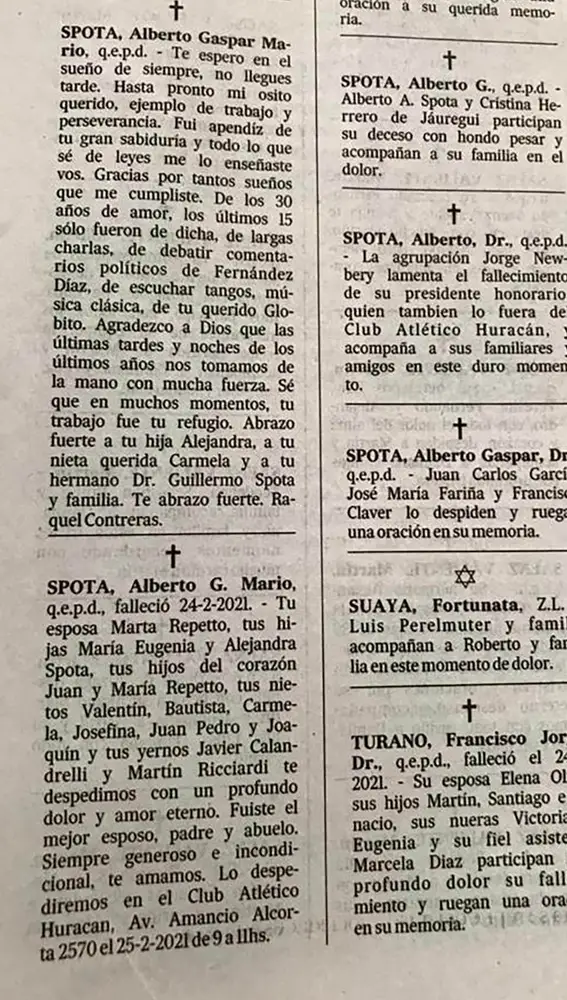 Esquelas por Mario Spota publicadas por su amante, Raquel Contreras, y su esposa, Marta Respetto, en el diario La Nación.