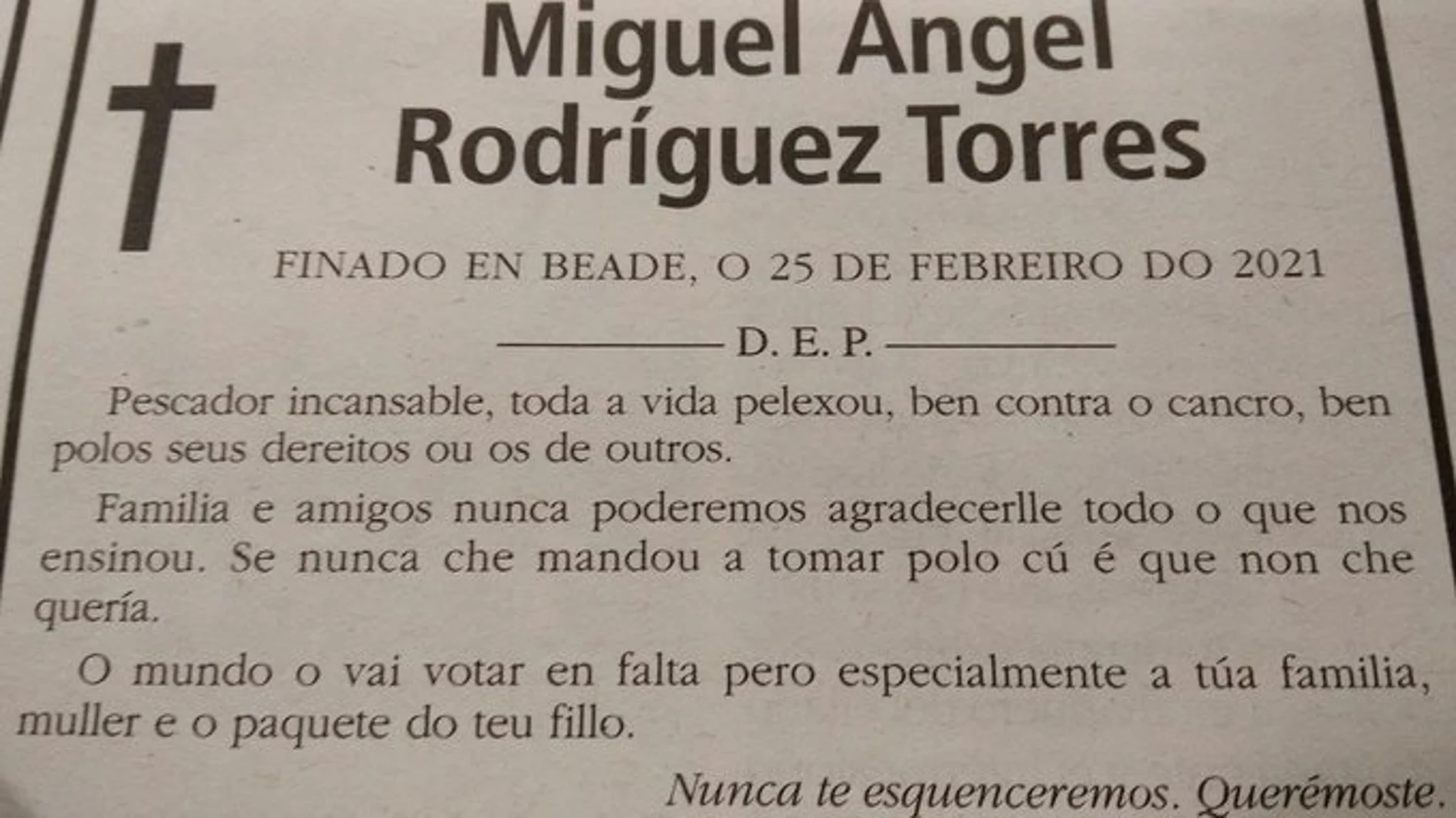 Esquela, compartida por el periodista Paco Sarria