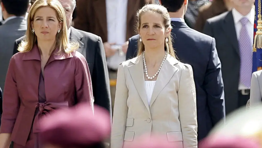 FILE - In this Wednesdday, April 16, 2008 file photo, Spain's Princess Cristina, left and Princess Elena, listen to the Spanish national anthem during a ceremony, upon their arrival for the opening of the Spanish Parliament, after Jose Luis Rodriguez Zapatero's Socialist Party won the general elections on March 9, in Madrid. The sisters of Spanish King Felipe VI have acknowledged on Wednesday, March 3, 2021, that they were administered COVID-19 vaccines during a visit to the United Arab Emirates. In a statement published by a Spanish newspaper, the Infantas Elena and Cristina said that they were â€œoffered the possibilityâ€ of receiving vaccines while in Abu Dhabi to visit their father and former monarch, Juan Carlos I. (AP Photo/Daniel Ochoa de Olza, File)