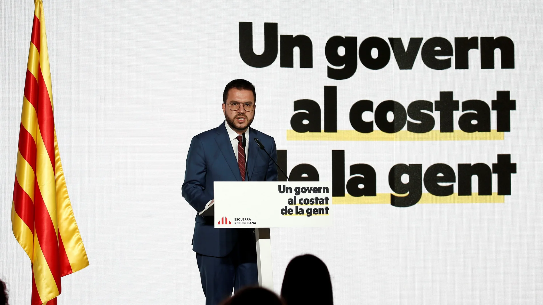 El vicepresidente del Govern y candidato de ERC a presidir la Generalitat, Pere Aragonès, durante la conferencia en Barcelona.