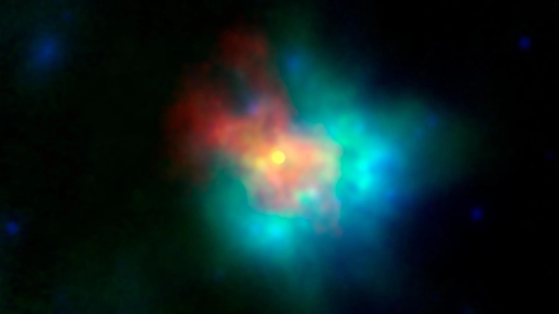 Imagen en falso color de los restos en expansión de la supernova G54.1+0.3, fotografiados en infrarrojos y rayos X.