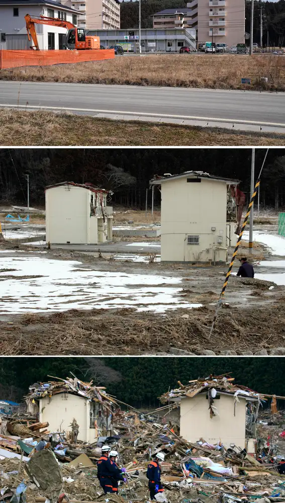 Un combo de imágenes muestra (de abajo hacia arriba) a rescatistas de la policía que buscan personas desaparecidas en la ciudad devastada por el tsunami de Rikuzentakata, Prefectura de Iwate, norte de Japón, 12 de abril de 2011 zona el 17 de febrero de 2012 y el 21 de febrero de 2021
