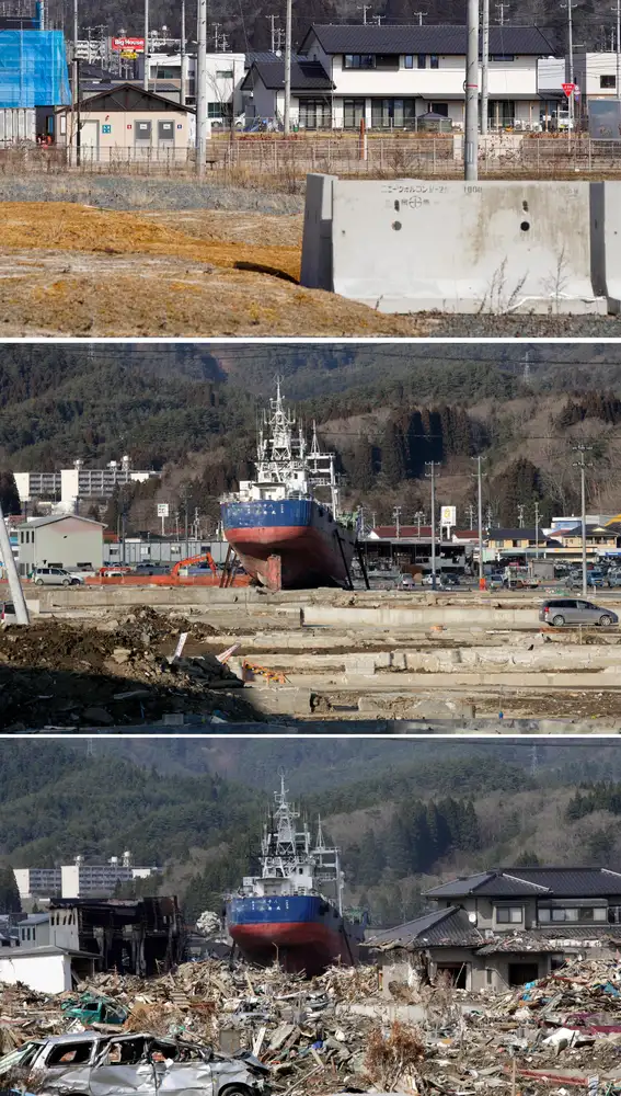 Un combo de imágenes muestra (de abajo hacia arriba) un barco pesquero varado en Kesennuma devastado por el tsunami, prefectura de Miyagi, norte de Japón, el 16 de febrero de 2011, el mismo barco todavía varado un año después el 16 de febrero de 2012 y el 21 de febrero de 2021