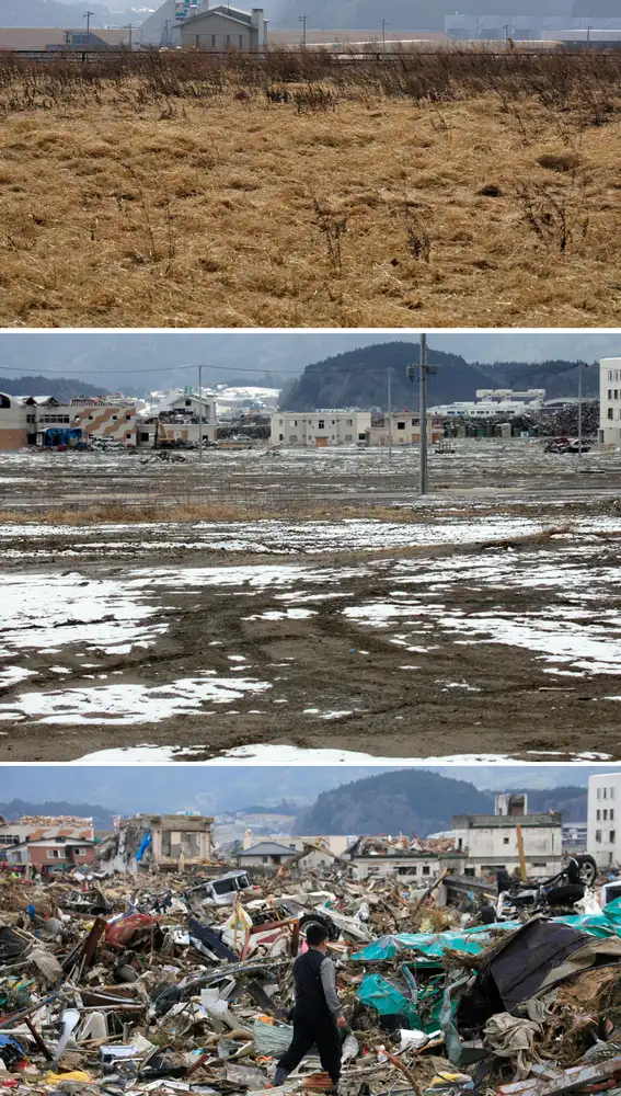 Una combinación de imágenes muestra (de arriba a abajo) a un hombre caminando entre escombros en la ciudad devastada por el tsunami de Rikuzentakata, prefectura de Iwate, norte de Japón, 12 de abril de 2011, una vista de la misma zona el 17 de febrero de 2012 y el 21 de febrero de 2021