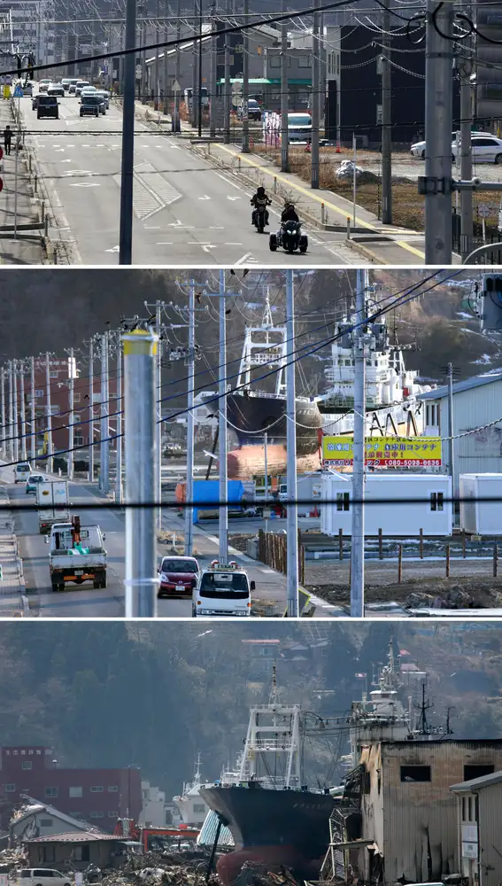 Un combo de imágenes muestra (de abajo hacia arriba) ​barcos pesqueros varados en tierra en Kesennuma, prefectura de Miyagi, norte de Japón, el 15 de abril de 2011, la misma calle un año después, el 16 de febrero de 2012 y el 21 de febrero de 2021