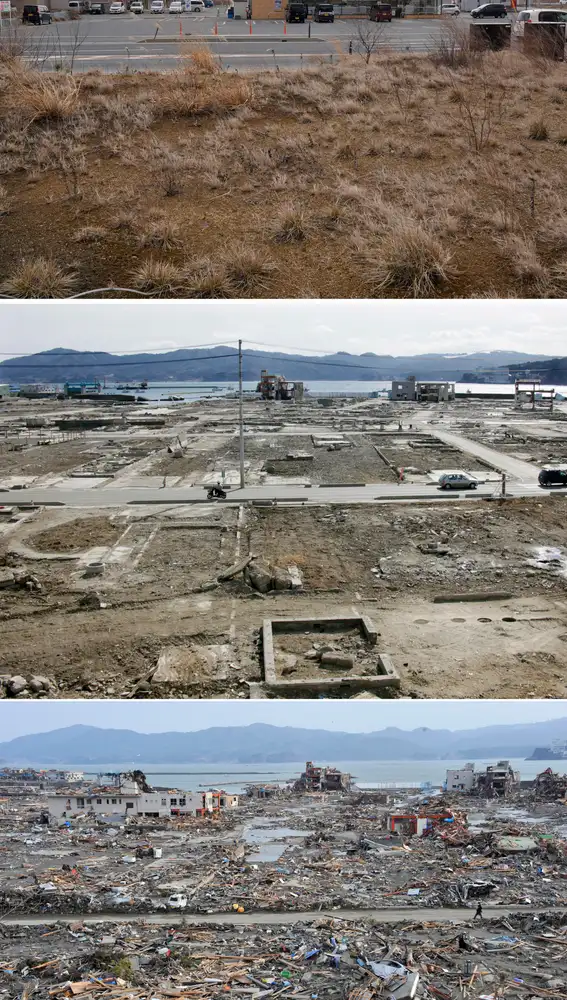Un combo de imágenes muestra (de abajo hacia arriba) una vista general del distrito de Shizugawa devastado por el tsunami en Minami Sanriku de la prefectura de Miyagi, norte de Japón, el 14 de marzo de 2011, una vista de la misma zona el 16 de febrero de 2012 y el 21 de febrero de 2021
