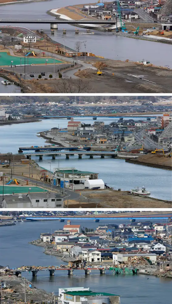Un combo de imágenes muestra (de abajo hacia arriba) una vista parcial de la zona devastada por el tsunami de Ishinomaki en la prefectura de Miyagi, norte de Japón, el 13 de marzo de 2011, una vista de la misma zona el 26 de febrero de 2016 y el 19 de febrero de 2021
