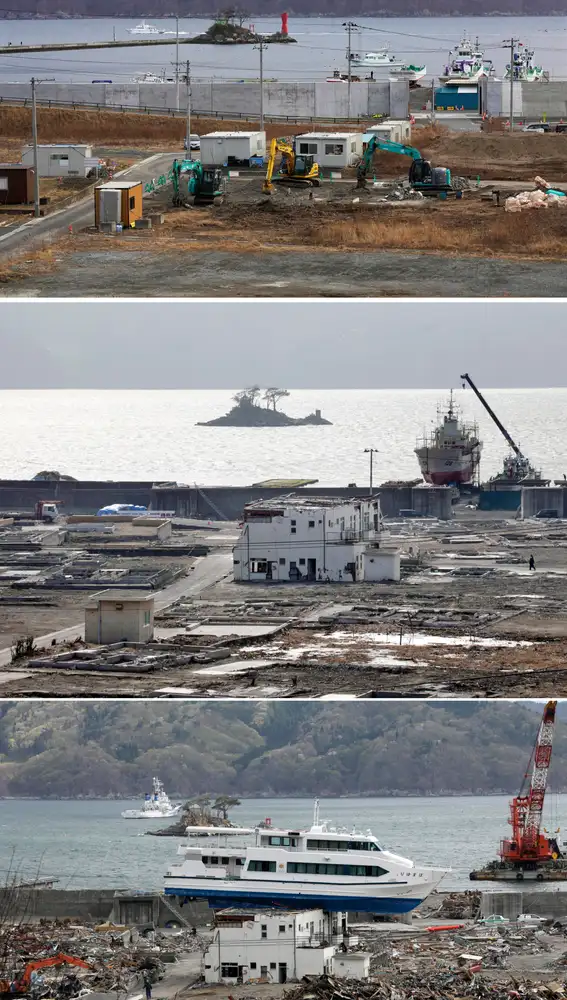 Un combo de imágenes muestra (de abajo hacia arriba) un barco turístico que fue arrastrado hasta el tejado de una casa de huéspedes por el tsunami en Otsuchi, norte de Japón, el 07 de mayo de 2011, una vista del misma área el 15 de febrero de 2012 y el 21 de febrero de 2021
