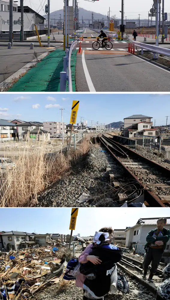 Un combo de imágenes muestra (de abajo hacia arriba)a los supervivientes del tsunami abrazándose en la zona devastada por el tsunami en Kesennuma de la prefectura de Miyagi, en el norte de Japón, el 14 de marzo de 2011, un vista de la misma zona con vías de tren oxidadas en desuso el 16 de febrero de 2012 y el 21 de febrero de 2021