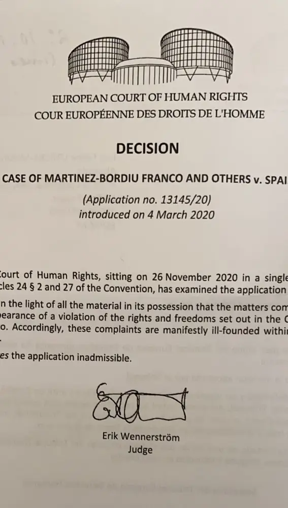 Resolución del Tribunal de Estrasburgo remitida al letrado de los Franco
