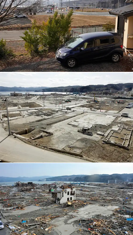 Un combo de imágenes muestra (de abajo hacia arriba) una vista general del distrito de Shizugawa devastado por el tsunami en Minami Sanriku de la prefectura de Miyagi, norte de Japón, el 14 de marzo de 2011, una vista de la misma zona el 16 de febrero de 2012 y el 20 de febrero de 2021