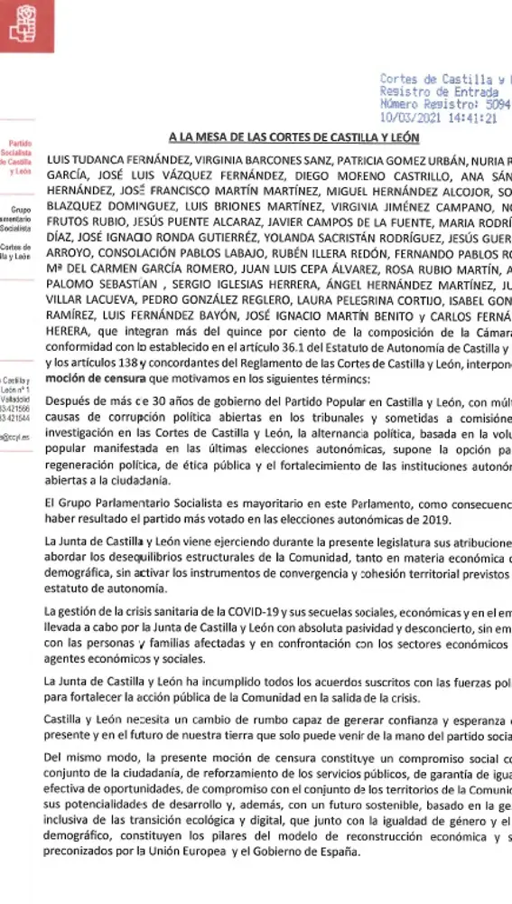 Moción de censura presentada por el PSOE en Castilla y León