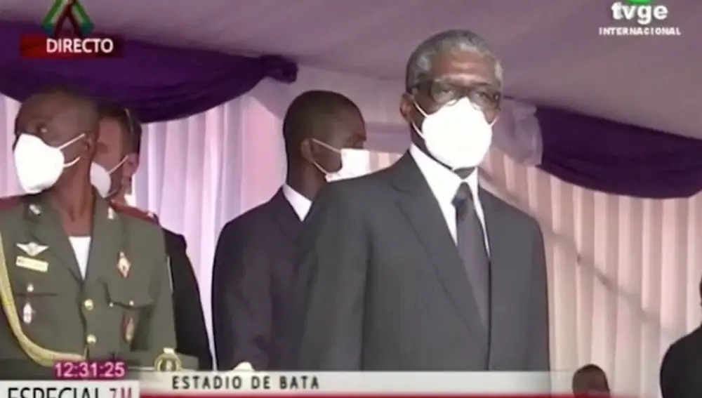 El vicepresidente Teodoro Nguema Obiang Mangue durante el funeral celebrado en el estadio de la ciudad de Bata