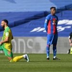 Wilfried Zaha, de pie, mientras el resto de jugadores se arrodilla antes del Crystal Palace- West Bromwich Albion