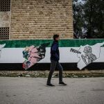 Un joven pasea ante un ural en Idlib14/03/2021