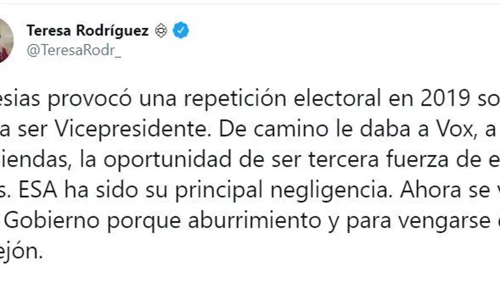 El tuit borrado por Teresa Rodríguez