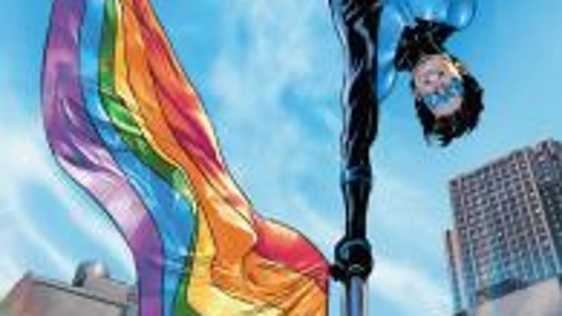 Una imagen de «Nightwing», por Travis G Moore, en la que hace una acrobacia sobre una bandera arcoíris