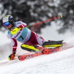 El austriaco Manuel Feller pasa una puerta durante la primera carrera de eslalon masculino en las finales de la Copa del Mundo de Esquí Alpino de la FIS en Lenzerheide, Suiza, el 21 de marzo de 2021. (Suiza) EFE/EPA/JEAN-CHRISTOPHE BOTT