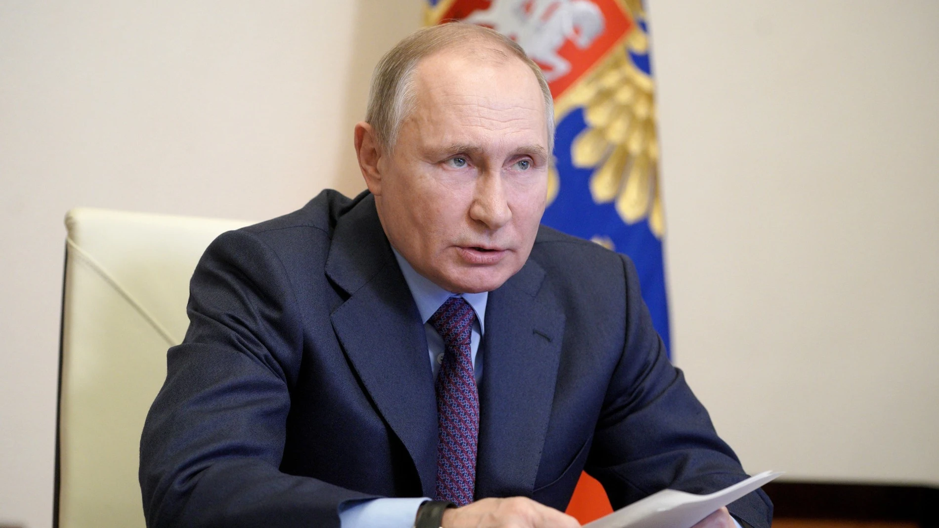 El presidente ruso, Vladimir Putin, este lunes en una videoconferencia con responsables de la campaña de vacunación